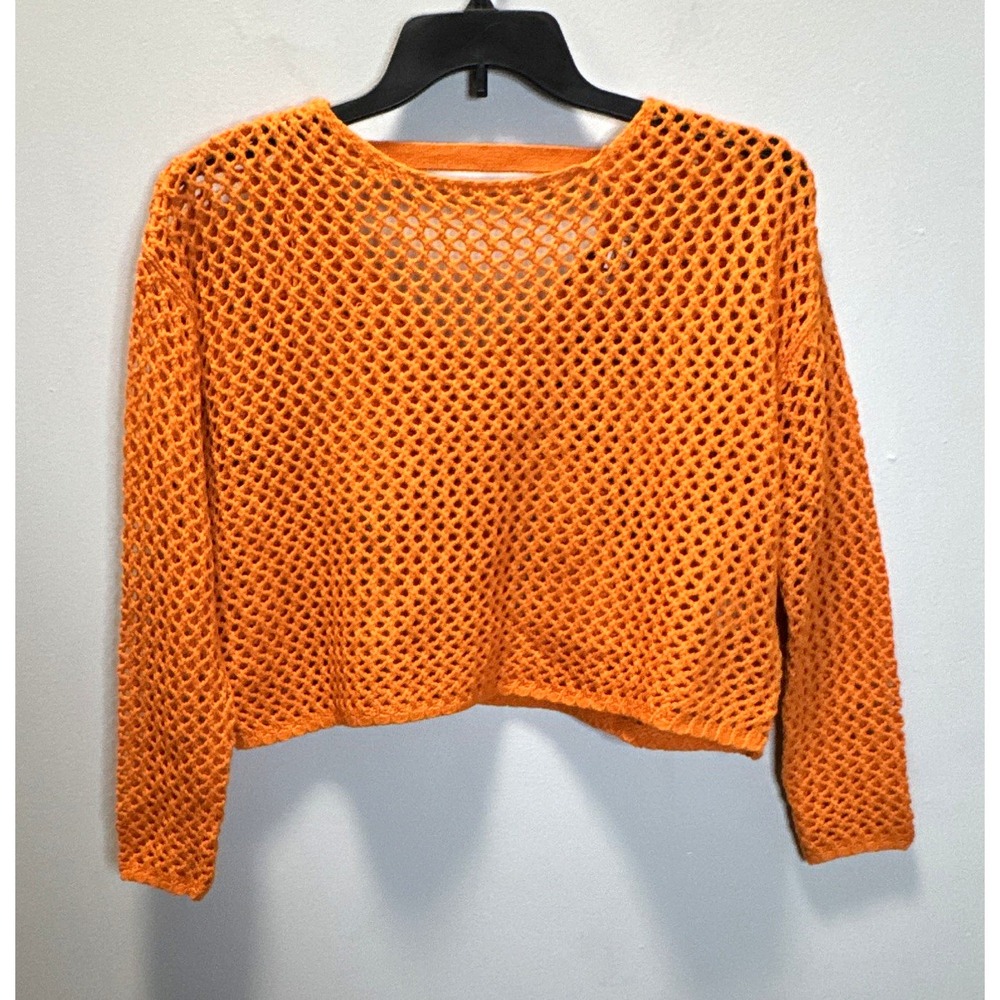 Women's Orange Open-Knit Cropped Pullover Sweater Round Neck Long Sleeve